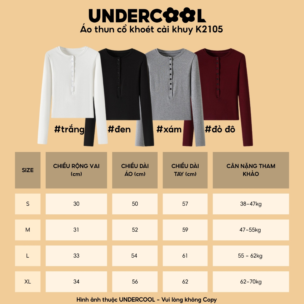Áo thun nữ dài tay cổ khuy khoét UNDERCOOL Vải cotton co dãn mềm mại, phong cách Hàn Quốc K2105