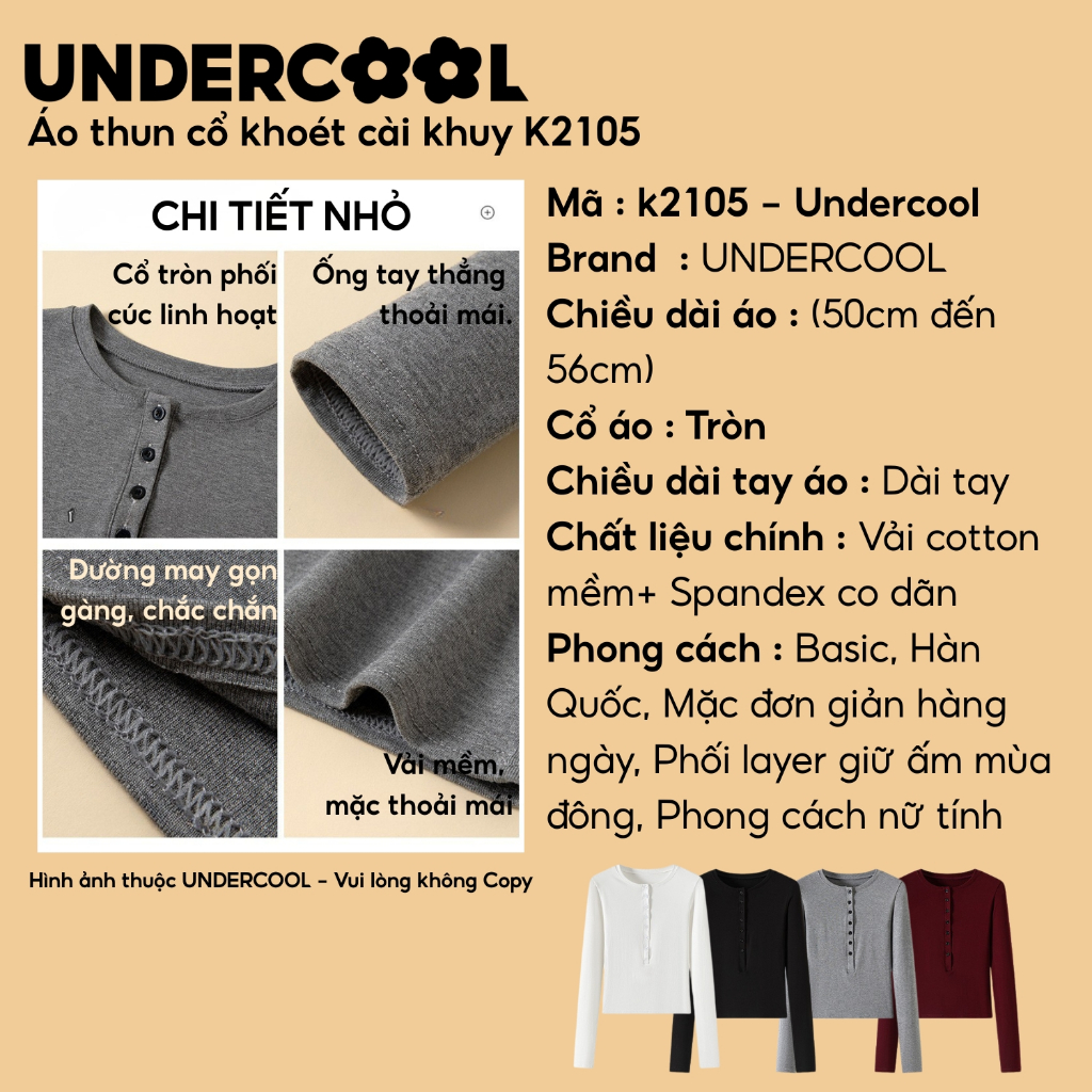 Áo thun nữ dài tay cổ khuy khoét UNDERCOOL Vải cotton co dãn mềm mại, phong cách Hàn Quốc K2105