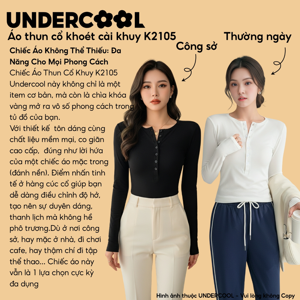Áo thun nữ dài tay cổ khuy khoét UNDERCOOL Vải cotton co dãn mềm mại, phong cách Hàn Quốc K2105