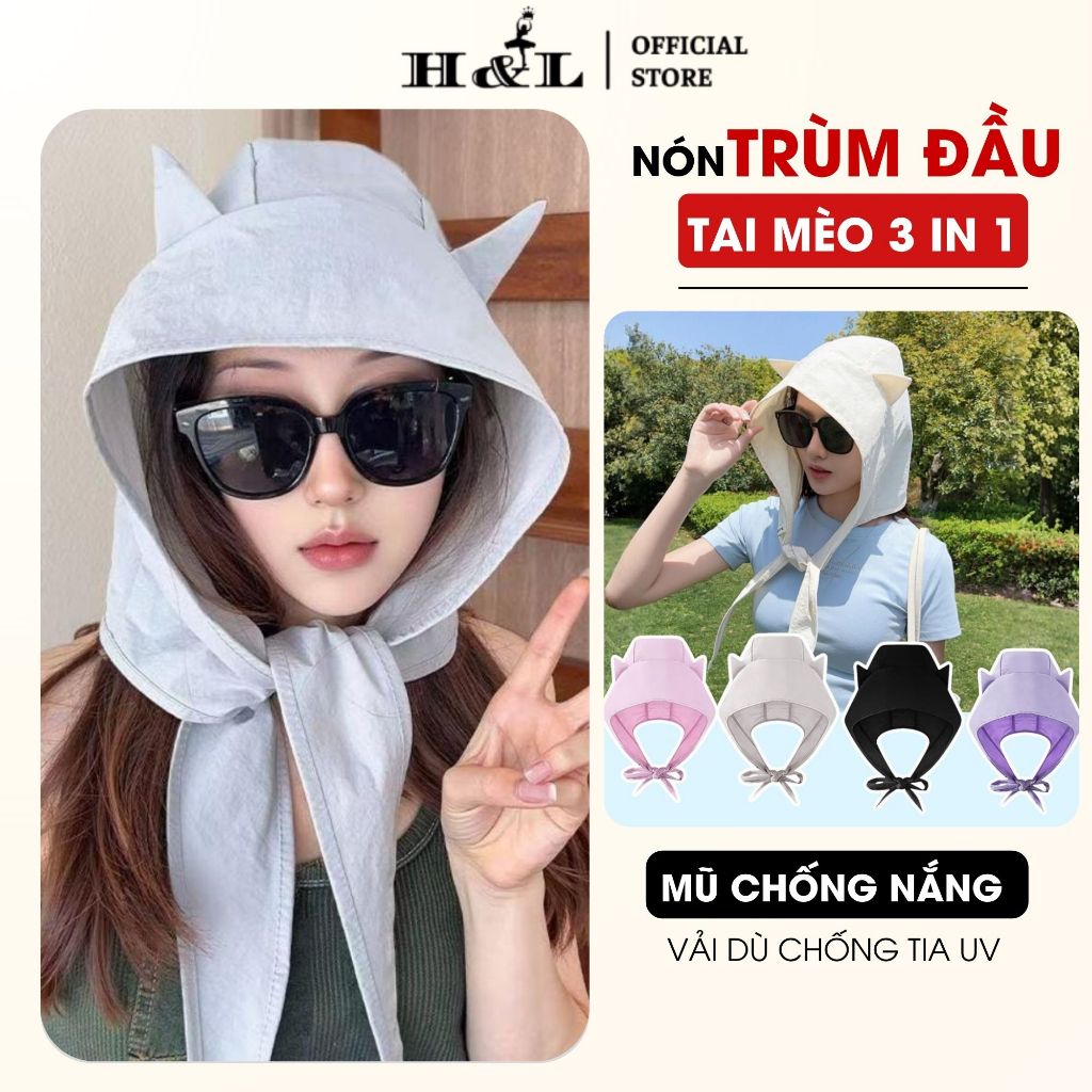[ XẢ HÀNG ] Mũ Trùm Phối Tai Mèo Chống Nắng Mưa, Nón Chống Nắng Vải Dù Bóng Đa Năng, Làm Túi Đeo Chéo H&L N969
