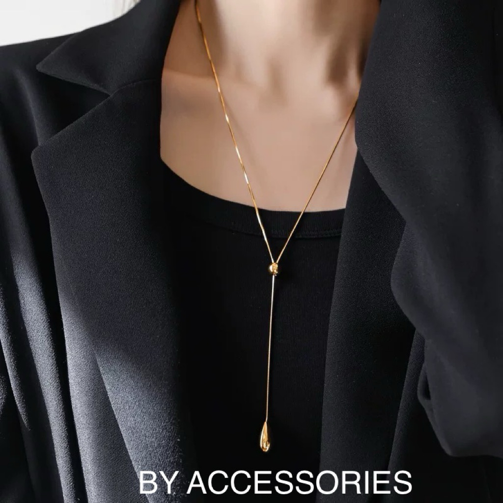 Dây chuyền nữ titan dáng dài kiểu mì vuông phối mặt hình giọt nước mạ vàng 18K không gỉ WN2540 BY ACCESSORIES