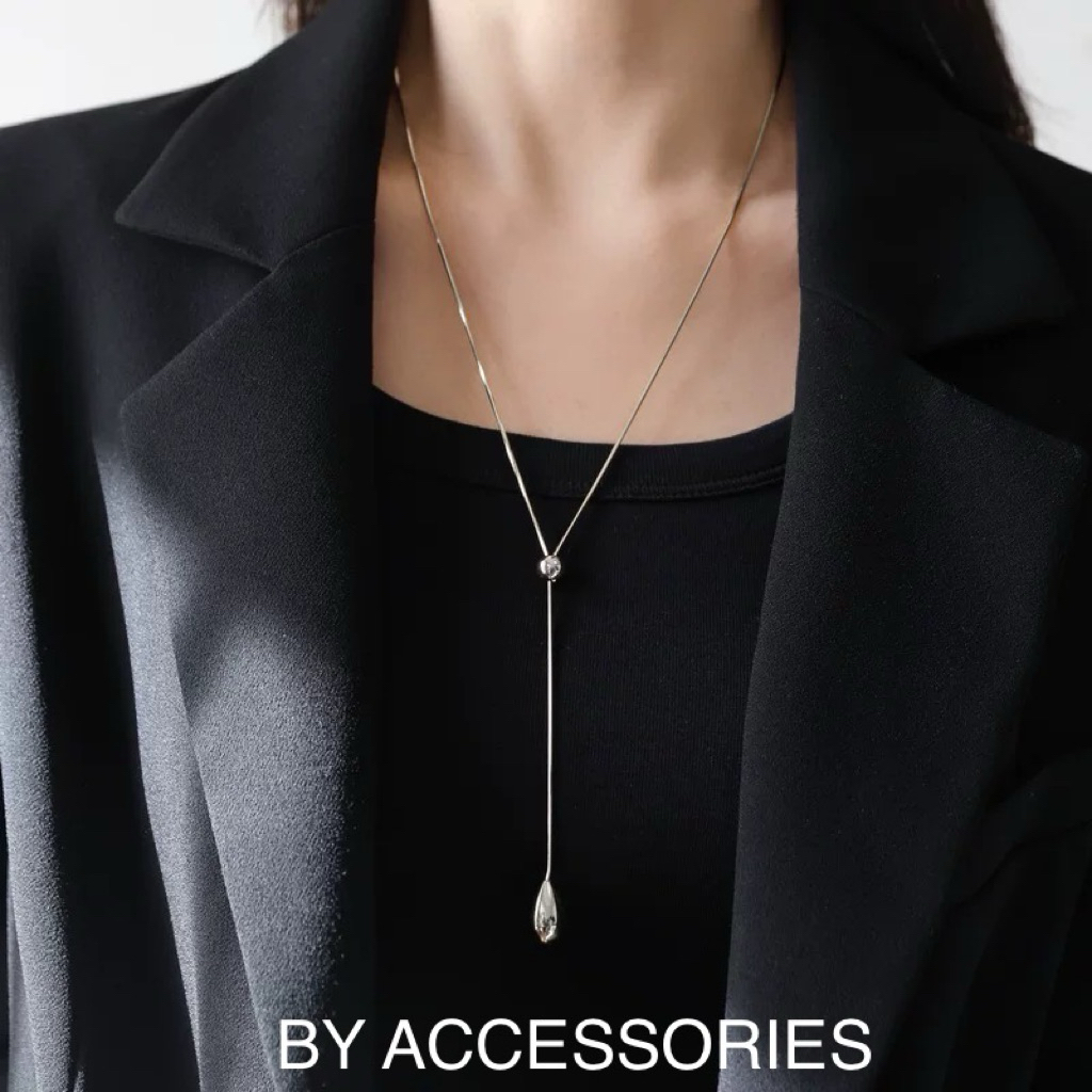 Dây chuyền nữ titan dáng dài kiểu mì vuông phối mặt hình giọt nước mạ vàng 18K không gỉ WN2540 BY ACCESSORIES