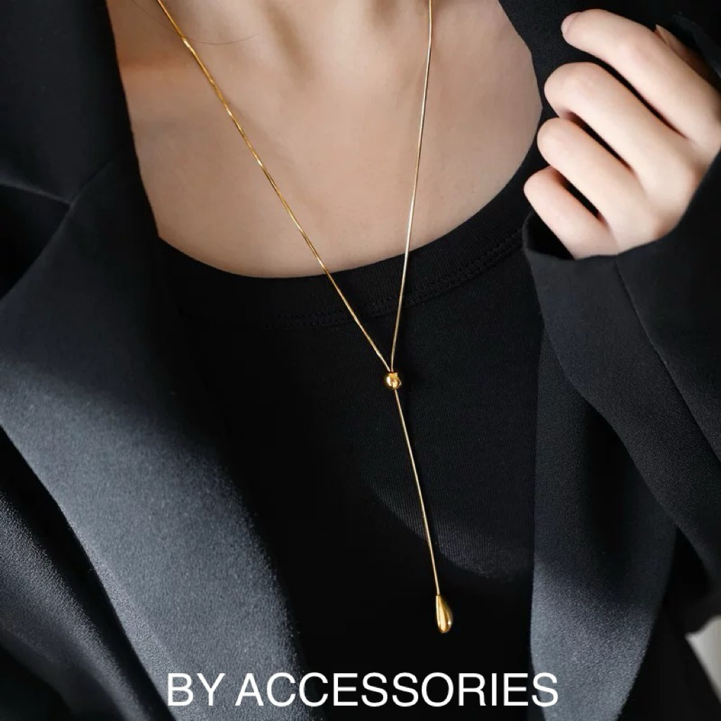 Dây chuyền nữ titan dáng dài kiểu mì vuông phối mặt hình giọt nước mạ vàng 18K không gỉ WN2540 BY ACCESSORIES