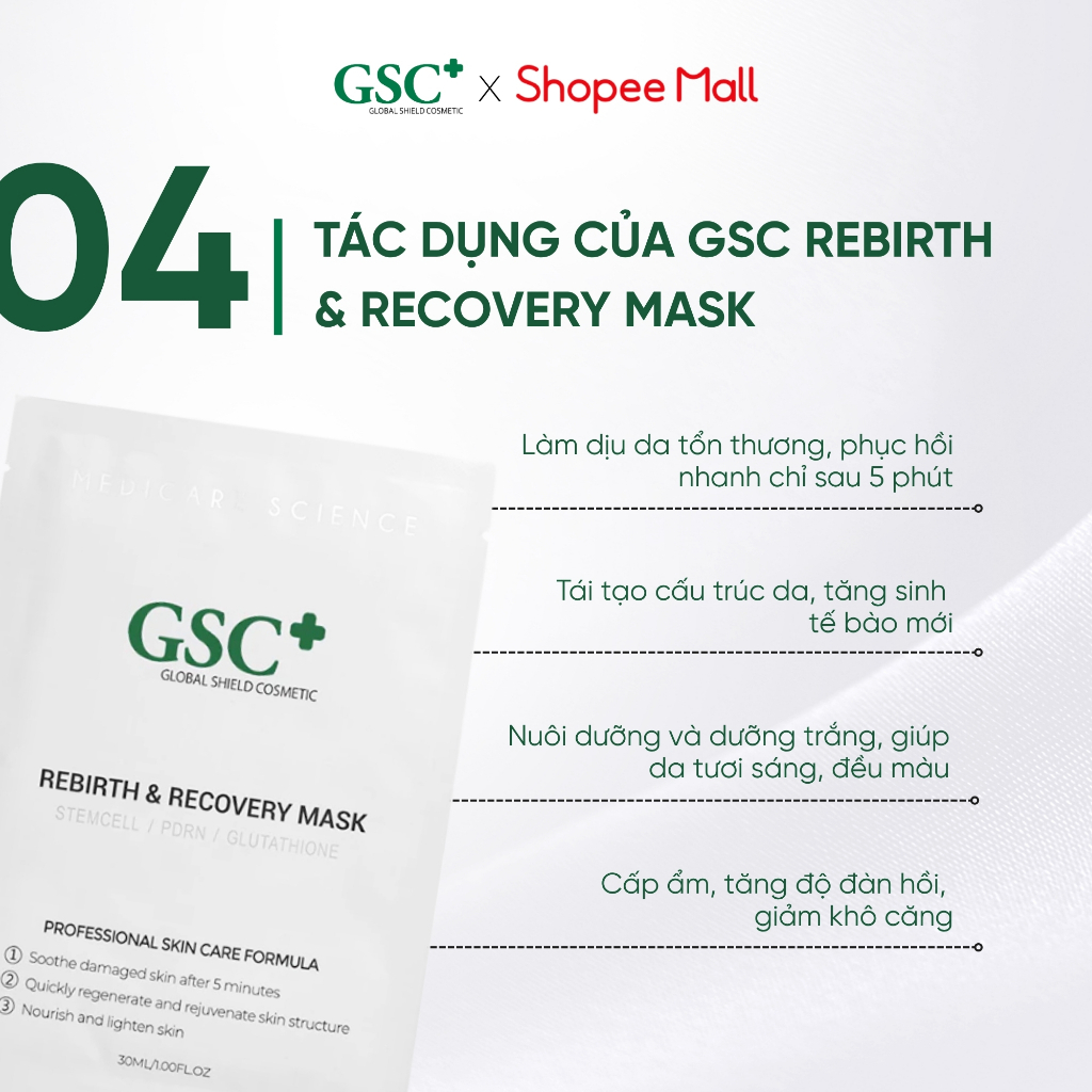 Mặt Nạ Dưỡng Ẩm Phục Hồi, Làm Dịu Da Sau 5 Phút Hàn Quốc GSC Rebirth & Recovery Mask 30ml x 10 Miếng /Hộp - GC068A