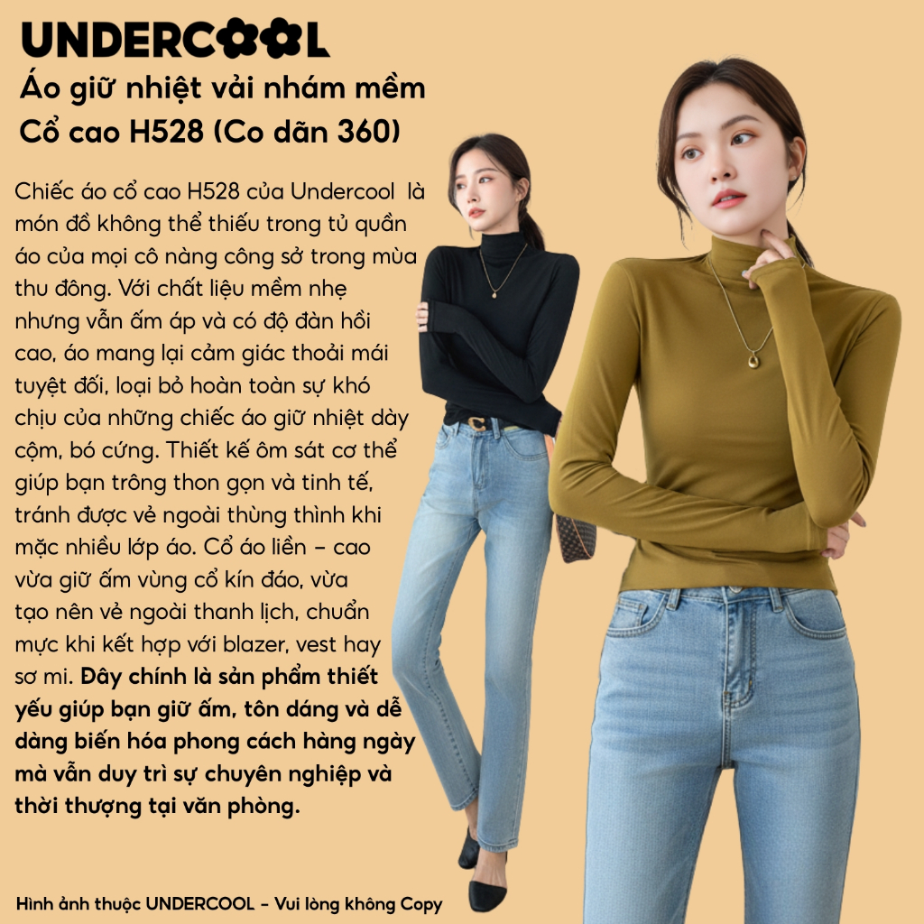 Áo Giữ Nhiệt Thun Nữ Basic Cổ Lọ, cổ cao UNDERCOOL chất vải mềm co dãn, áo thun dài tay basic giữ ấm mùa đông H528