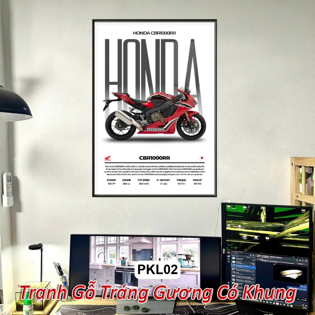 Tranh Xe Moto Phân Khối Lớn Tráng Gương Khung Composite Decor treo tường, phòng khách, phòng game