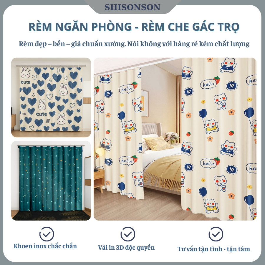 Rido Rèm ngăn phòng ngủ có móc treo, hoạ tiết dễ thương, giá xưởng tận ...