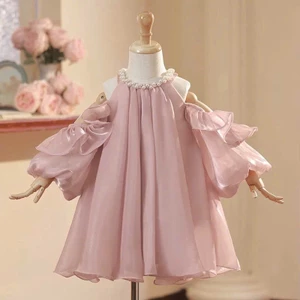 Đầm bé gái công chúa chất voan hồng tay phồng trễ vai siêu xinh mặc đi chơi dự tiệc chụp ảnh,cho bé gái và mẹ từ 13-56kg