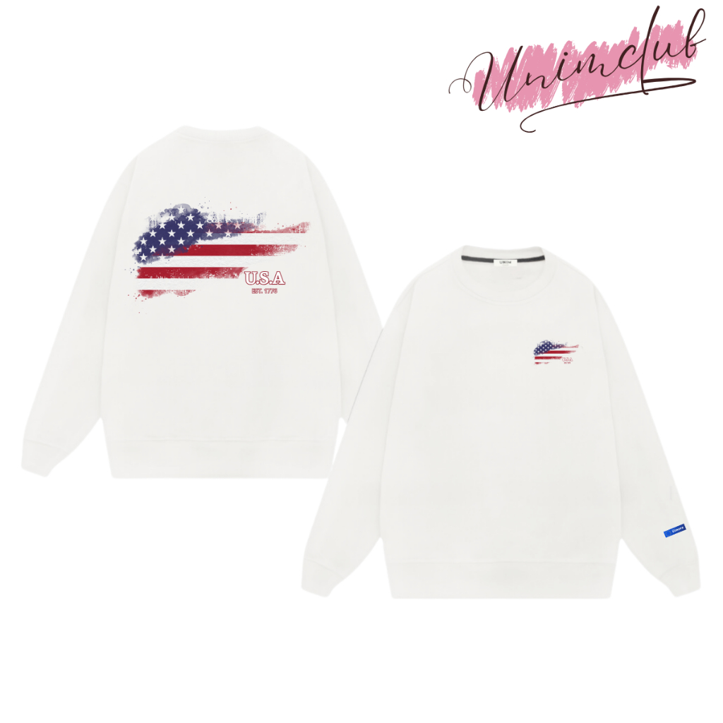 Áo Sweater Nỉ Chân Cua CVC Cotton Cao Cấp In Hình Cờ Mỹ Chống Bong Nứt Hình Form Áo Rộng