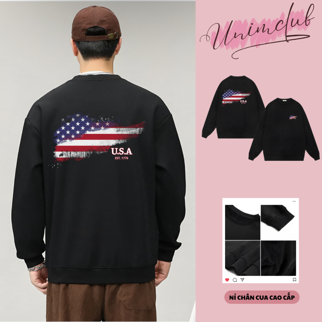 Áo Sweater Nỉ Chân Cua CVC Cotton Cao Cấp In Hình Cờ Mỹ Chống Bong Nứt Hình Form Áo Rộng