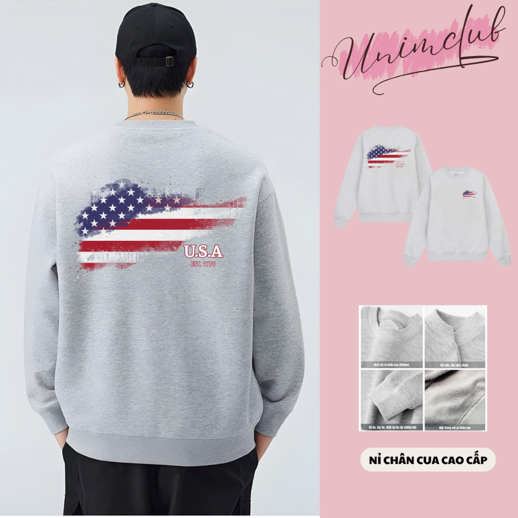 Áo Sweater Nỉ Chân Cua CVC Cotton Cao Cấp In Hình Cờ Mỹ Chống Bong Nứt Hình Form Áo Rộng