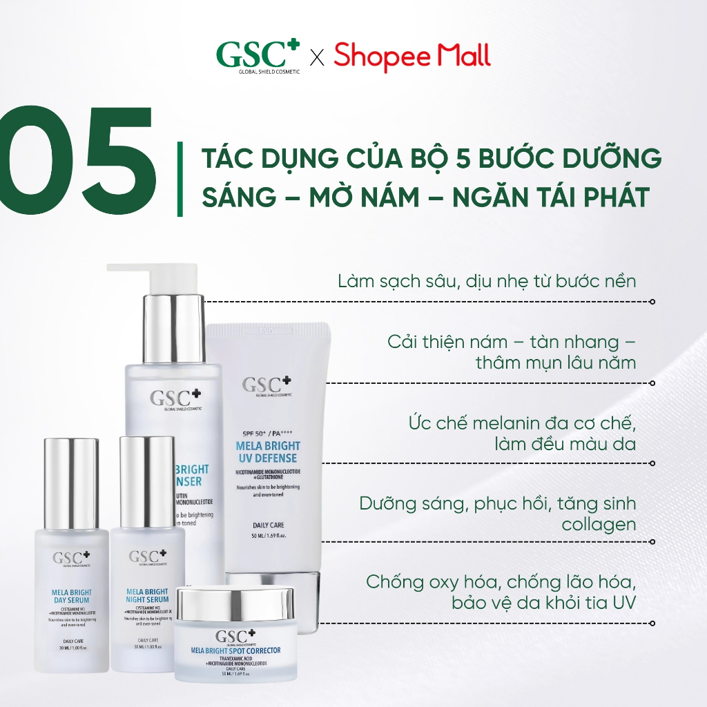 Bộ Sản Phẩm Dưỡng Sáng, Mờ Thâm Nám GSC Mela Bright gồm 5 Sản Phẩm - Ngắn Ngừa Nám Tái Phát - GC100A
