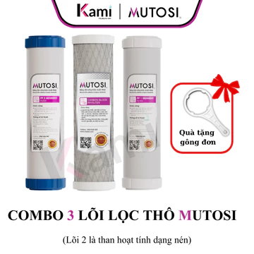 Combo 3 Lõi Lọc Thô Mutosi - Lõi 2 CTO Than Hoạt Tính Dạng Nén Dùng Cho Máy Lọc RO Có 3 Cốc Lọc Thô 10inch