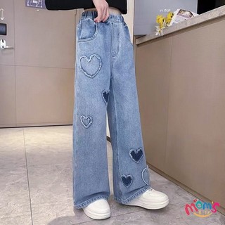 QuầN Jeans ỐNg RộNg Cho Bé GáI: CạP Cao Co GiãN, HọA TiếT HìNh TráI Tim QuầN ốNg RộNg Cho Bé GáI
