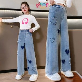 QuầN Jeans ỐNg RộNg Cho Bé GáI: CạP Cao Co GiãN, HọA TiếT HìNh TráI Tim QuầN ốNg RộNg Cho Bé GáI