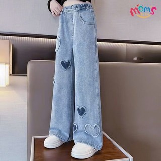QuầN Jeans ỐNg RộNg Cho Bé GáI: CạP Cao Co GiãN, HọA TiếT HìNh TráI Tim QuầN ốNg RộNg Cho Bé GáI