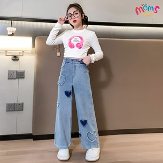 QuầN Jeans ỐNg RộNg Cho Bé GáI: CạP Cao Co GiãN, HọA TiếT HìNh TráI Tim QuầN ốNg RộNg Cho Bé GáI