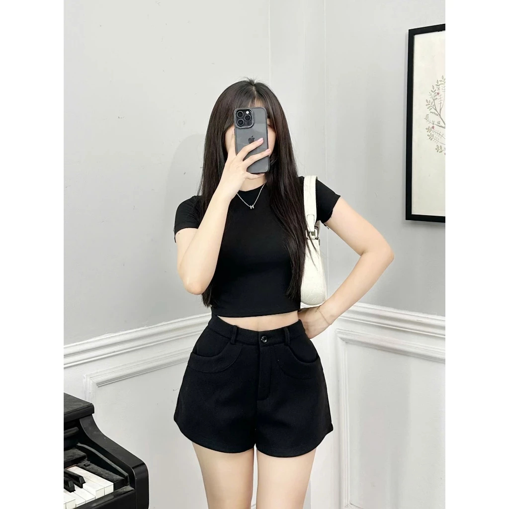 Quần Sooc Nữ Chất Dạ Ép Cạp Cao Phối Túi Ốp, Quần Đùi Nữ Dáng A Phong Cách Hàn Quốc - 29feb.closet - Q77 | BigBuy360 - bigbuy360.vn