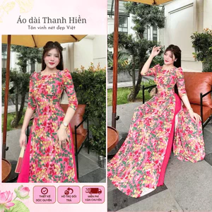 Áo dài nữ lụa nhật in họa tiết 6d cổ tròn tay phồng mềm mại trẻ trung Y13 Áo dài Thanh Hiền