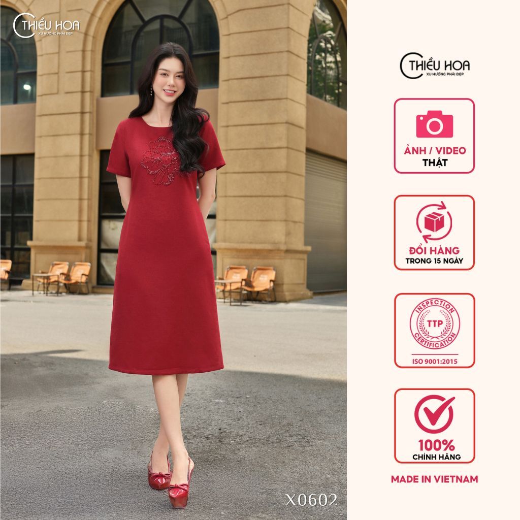 Đầm trung niên dáng suông chữ A, chất liệu Vải bố dệt cao cấp thương hiệu Thiều Hoa DD5X0602
