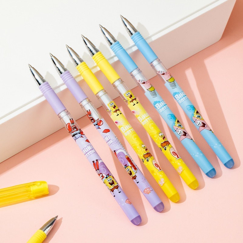 Combo 5/12 Bút Gel Xóa Được Spongebob Mực Đen/Tím DELI Bút Bi Nước Bấm/ Có Nắp Ngòi 0.5mmViết Trơn Mượt Có Gôm Trên Nắp