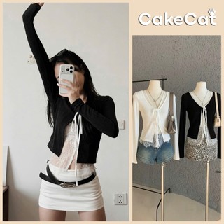 Set áo hai lớp nữ croptop ren phối áo khoác mỏng dài tay phong cách Hàn Quốc – CakeCat