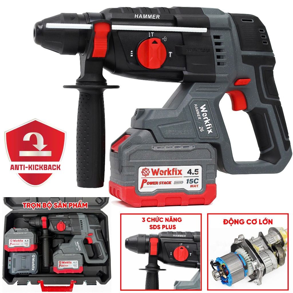 Máy Khoan 3 chức năng Workfix WF-RH2603CP Không chổi than, Máy khoan 13mm có autolock ruột đồng 100% Bảo Hành Chính Hãng