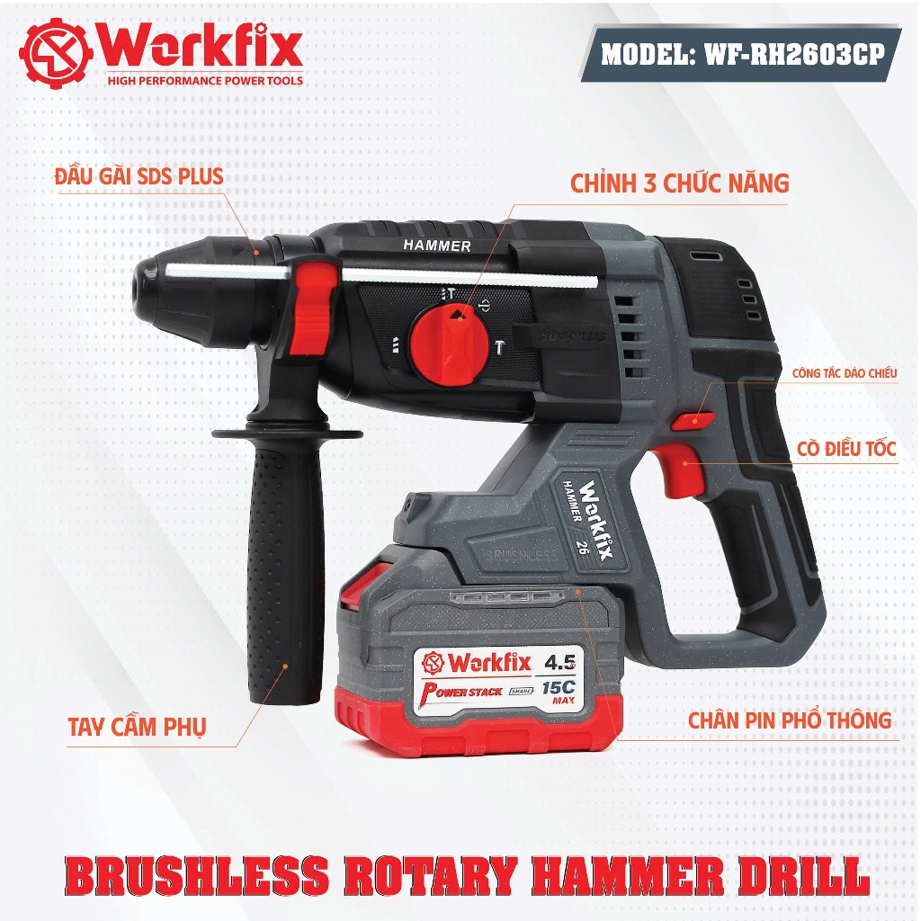 Máy Khoan 3 chức năng Workfix WF-RH2603CP Không chổi than, Máy khoan 13mm có autolock ruột đồng 100% Bảo Hành Chính Hãng