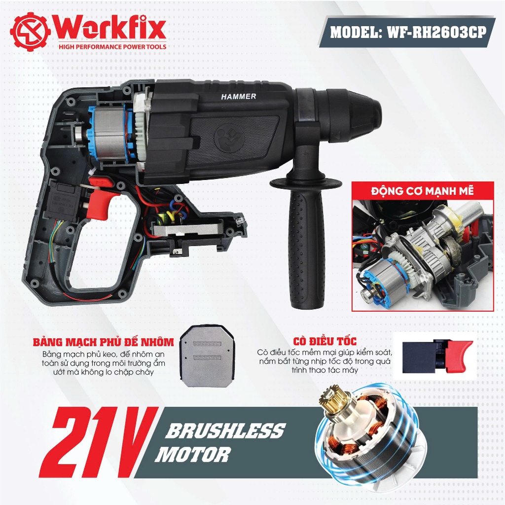Máy Khoan 3 chức năng Workfix WF-RH2603CP Không chổi than, Máy khoan 13mm có autolock ruột đồng 100% Bảo Hành Chính Hãng