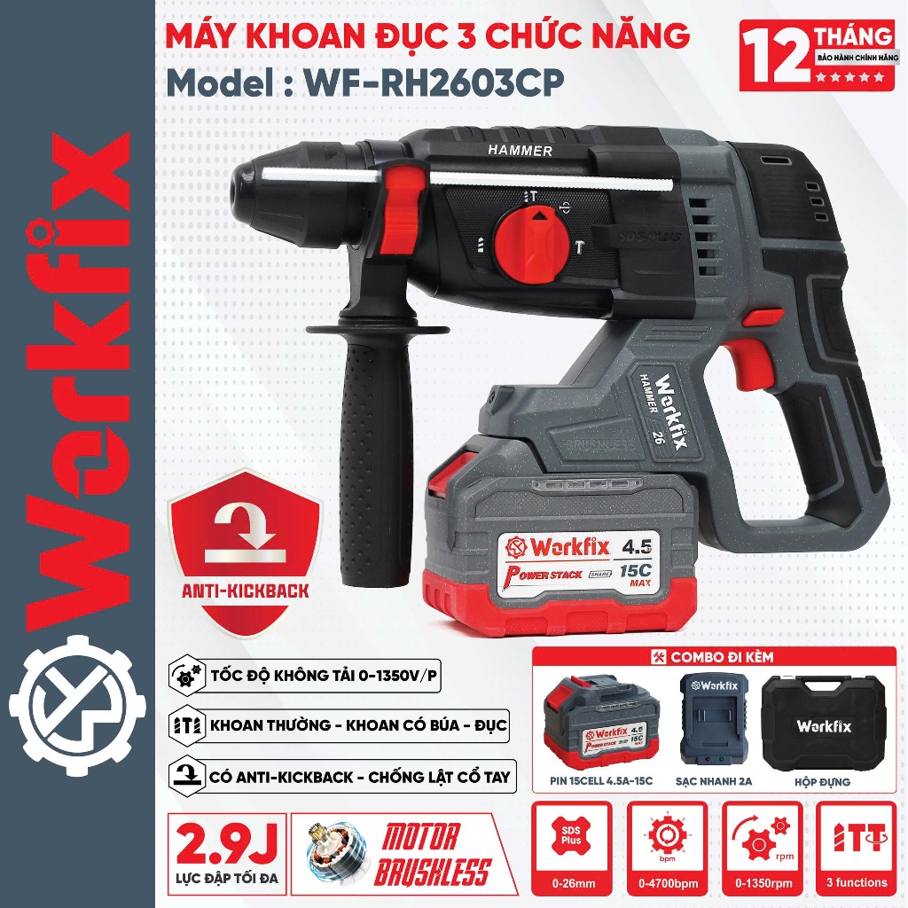 Máy Khoan 3 chức năng Workfix WF-RH2603CP Không chổi than, Máy khoan 13mm có autolock ruột đồng 100% Bảo Hành Chính Hãng