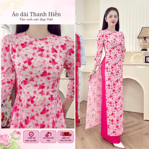 Áo dài lụa nhật hoa nhí hồng tuyết cổ tròn tay bồng A12 Áo dài Thanh Hiền