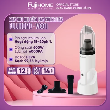 Máy hút bụi cầm tay không dây lực hút mạnh 15000pa FUJIHOME VC01, công suất 600W bộ lọc bụi mịn HEPA, 2 đầu hút đa năng