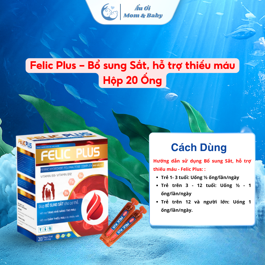 [HÀNG CTY + QUÀ] Felic Plus - Bổ sung Sắt, Vitamin B9, B12, hỗ trợ thiếu máu, tạo hồng cầu (H20 ống)