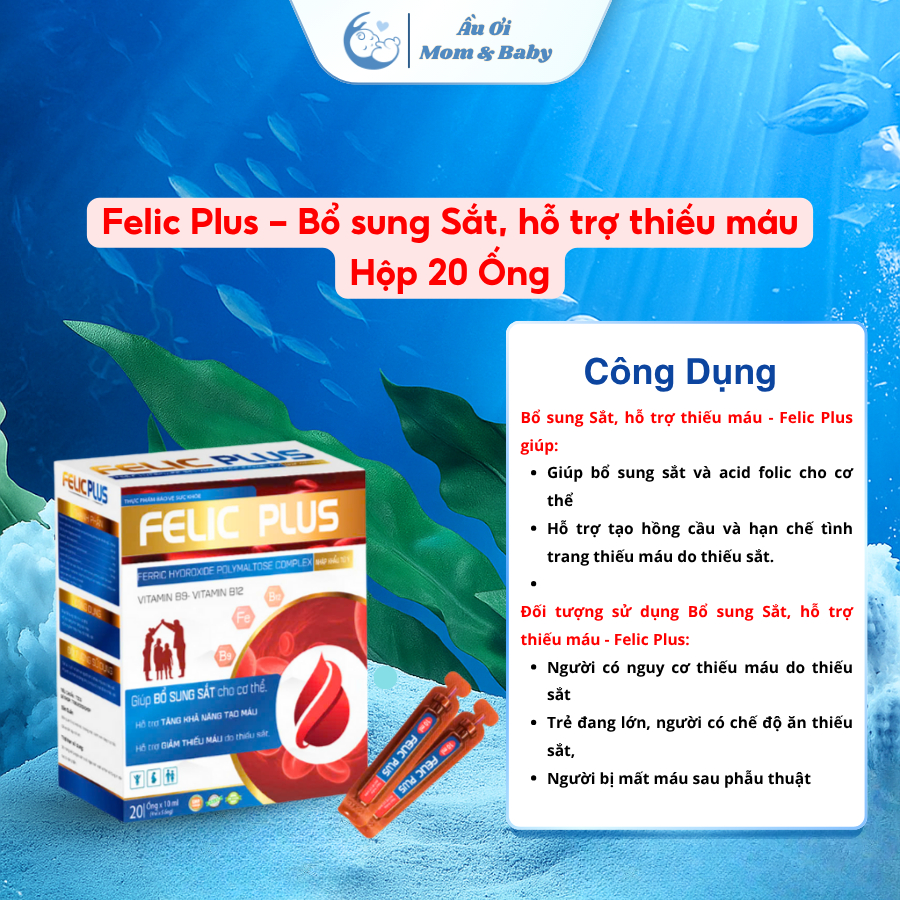[HÀNG CTY + QUÀ] Felic Plus - Bổ sung Sắt, Vitamin B9, B12, hỗ trợ thiếu máu, tạo hồng cầu (H20 ống)