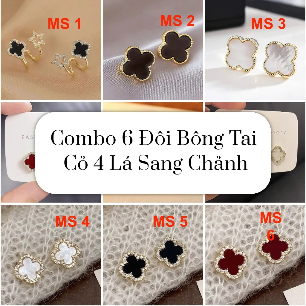 Combo 6 đôi bông tai cỏ 4 lá đính đá sang trọng. Hoa tai đính pha lê Zirconia cao cấp sang trọng ChicEar Jewelry