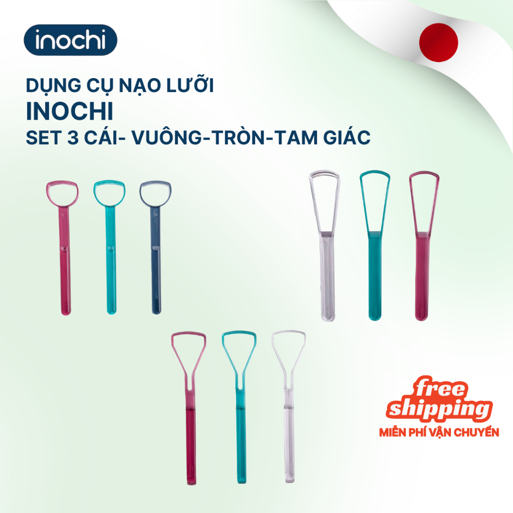 Combo 3c Cạo lưỡi Dụng cụ vệ sinh lưỡi Okina Inochi - vuông/tròn/tam giác cao cấp loại bỏ hôi miệng