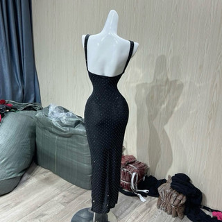 Đầm body khoét v hở lưng xuông dài thun nhũ lấp lánh