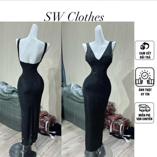Đầm body khoét v hở lưng xuông dài thun nhũ lấp lánh