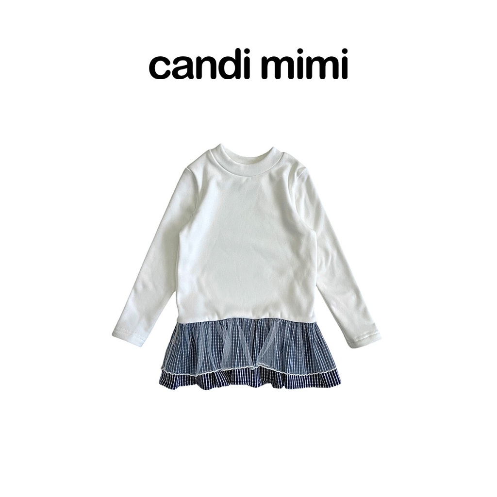 CANDI MIMI Áo Thun Trắng Gấu Kẻ Xoè Voan NL5750