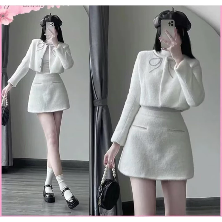 Váy nữ set dạ lông thỏ, Tiểu Thư Sang Chảnh Diện Tết Đi Chơi Siêu Xinh Sét dạ tweed kèm váy xinh xỉu