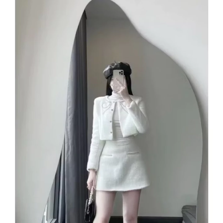 Váy nữ set dạ lông thỏ, Tiểu Thư Sang Chảnh Diện Tết Đi Chơi Siêu Xinh Sét dạ tweed kèm váy xinh xỉu