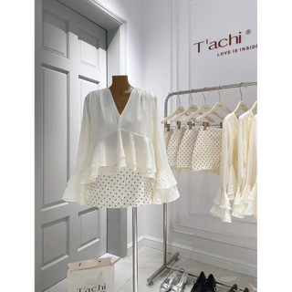 SEP House - Set áo babydoll tay loe dài cổ V chất tơ gân phối chân váy form A chấm bi ngắn năng động, trendy