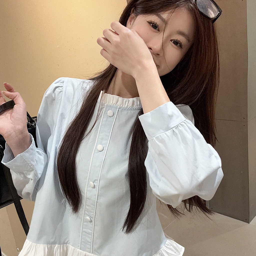 Áo sơ mi tiểu thư bèo nhún xanh pastel – phong cách Hàn Quốc (S-2XL)
