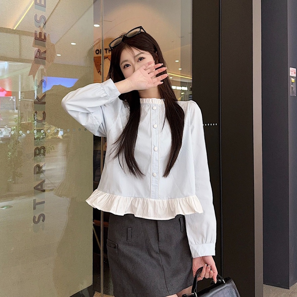 Áo sơ mi tiểu thư bèo nhún xanh pastel – phong cách Hàn Quốc (S-2XL)