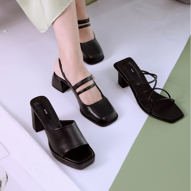 Giày cao gót mũi vuông quai ngang phối khóa hoa 5cm cao cấp MYSS - CG345