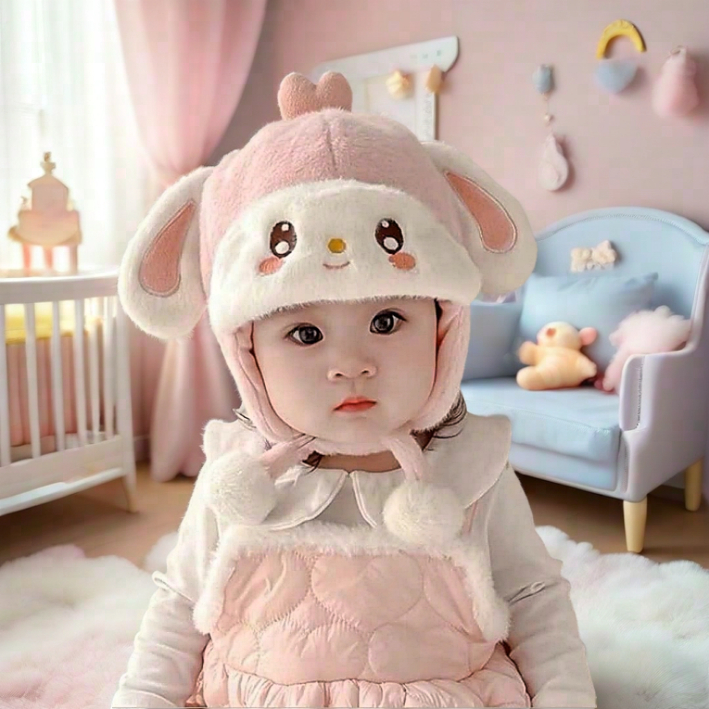 Mũ len tai mèo thỏ cho bé - Mũ có kèm dây buộc và bông pom