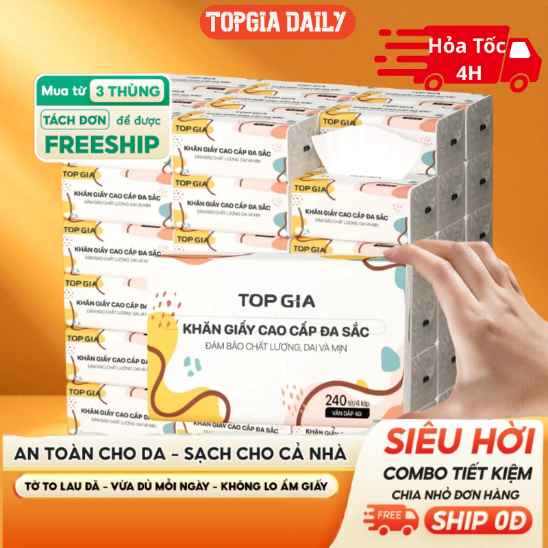 Giấy ăn rút Topgia thùng 40 gói đa sắc cao cấp 240 tờ 4 lớp, dập vân 4D, mềm mịn, thấm hút tốt