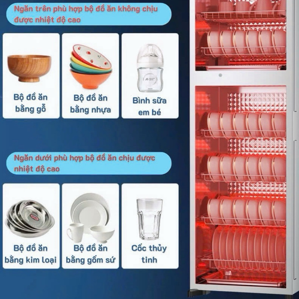 HÀNG LOẠI 1 - Máy sấy bát đũa khử khuẩn 188L bằng OZONE + Tủ khử trùng hồng ngoại siêu sạch tích kiệm - Tủ sấy BH 5 NĂM