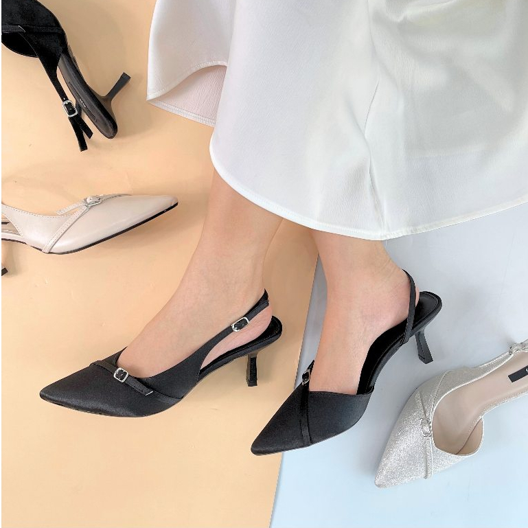 Giày cao gót nữ MYSS mũi nhọn khoét eo dây chéo phối khóa 6cm cao cấp thời trang - CG314