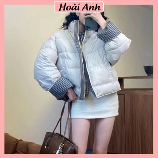 Áo Khoác Phao Da Nữ Phối Kẻ Caro Cao Cổ Cúc Bấm 2 Túi Freesize